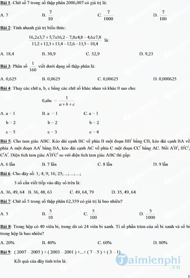100 bài toán trắc nghiệm lớp 5