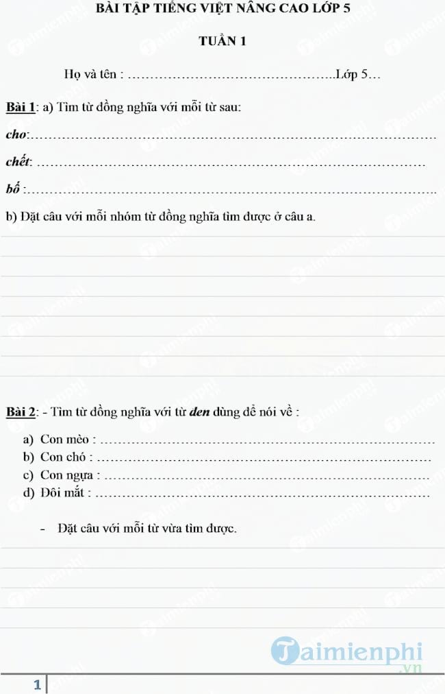 Bài tập Tiếng Việt nâng cao lớp 5