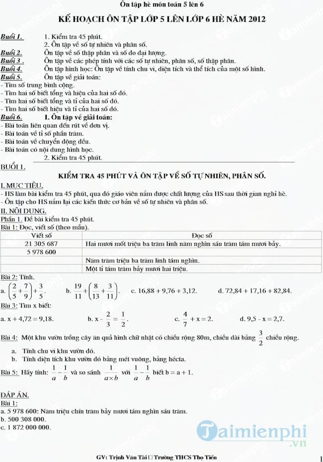 Giáo án dạy hè lớp 5 lên lớp 6