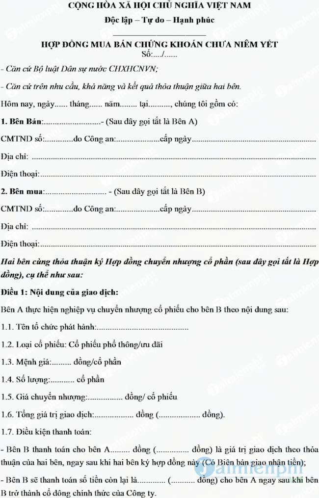 Mẫu hợp đồng mua bán chứng khoán chưa niêm yết