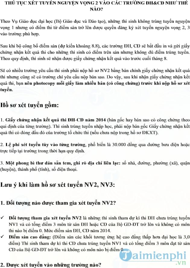 Hồ sơ đăng ký xét tuyển nguyện vọng 2