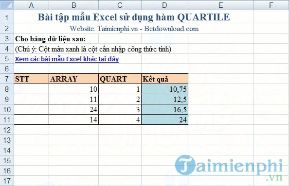 Bài mẫu hàm QUARTILE