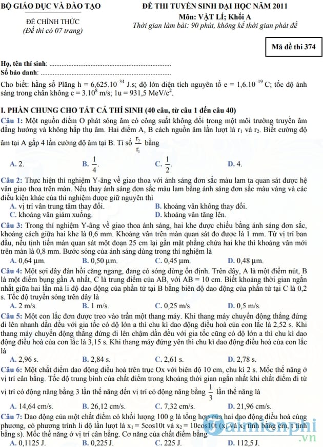Đề thi và đáp án môn Vật lý khối A