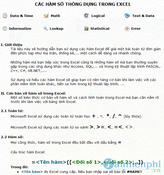 Các hàm thông dụng trong Excel