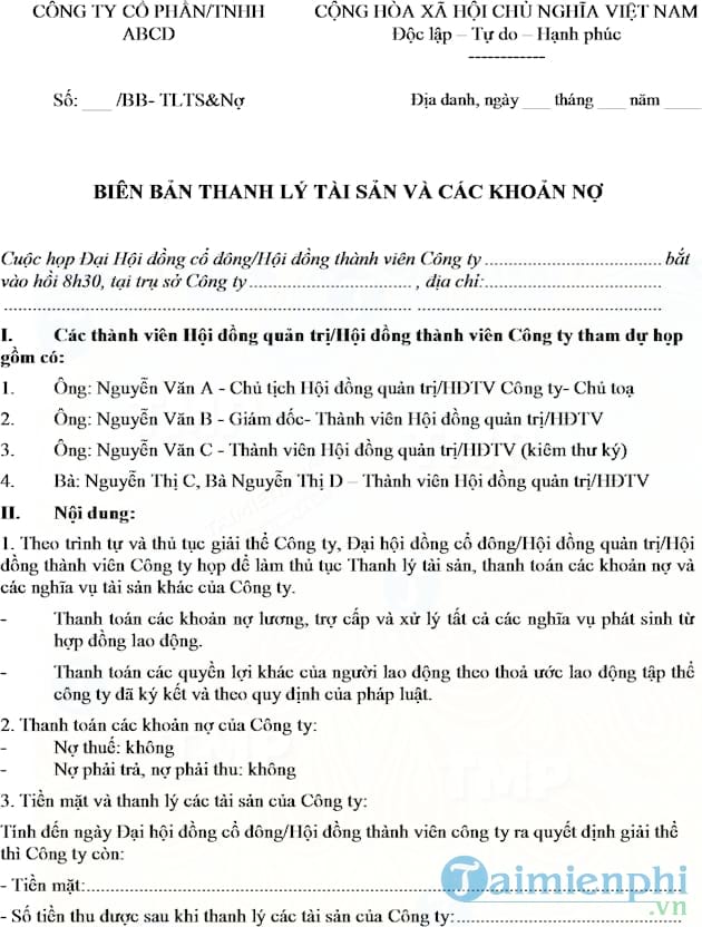 Biên bản thanh lý tài sản