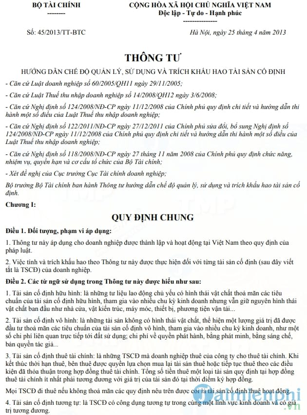 Thông tư hướng dẫn sử dụng tài sản cố định
