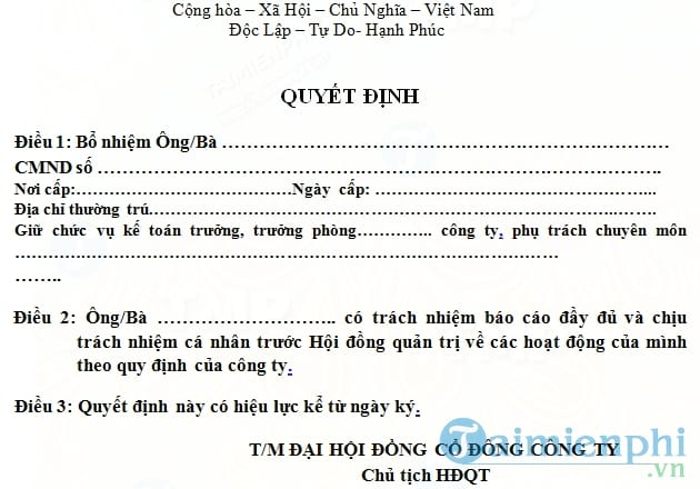 Quyết định bổ nhiệm kế toán