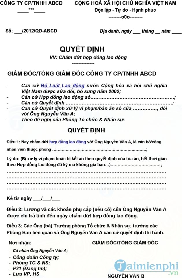 Quyết định kết thúc hợp đồng lao động