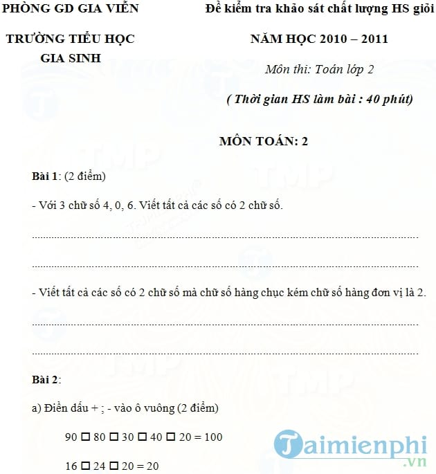 30 đề kiểm tra khảo sát chất lượng học sinh giỏi môn Toán lớp 2