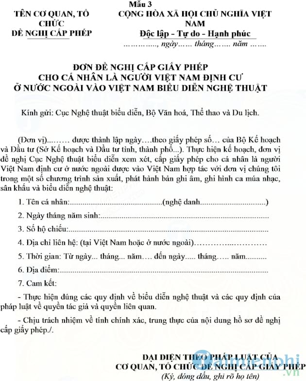 Đơn đề nghị cấp phép biểu diễn