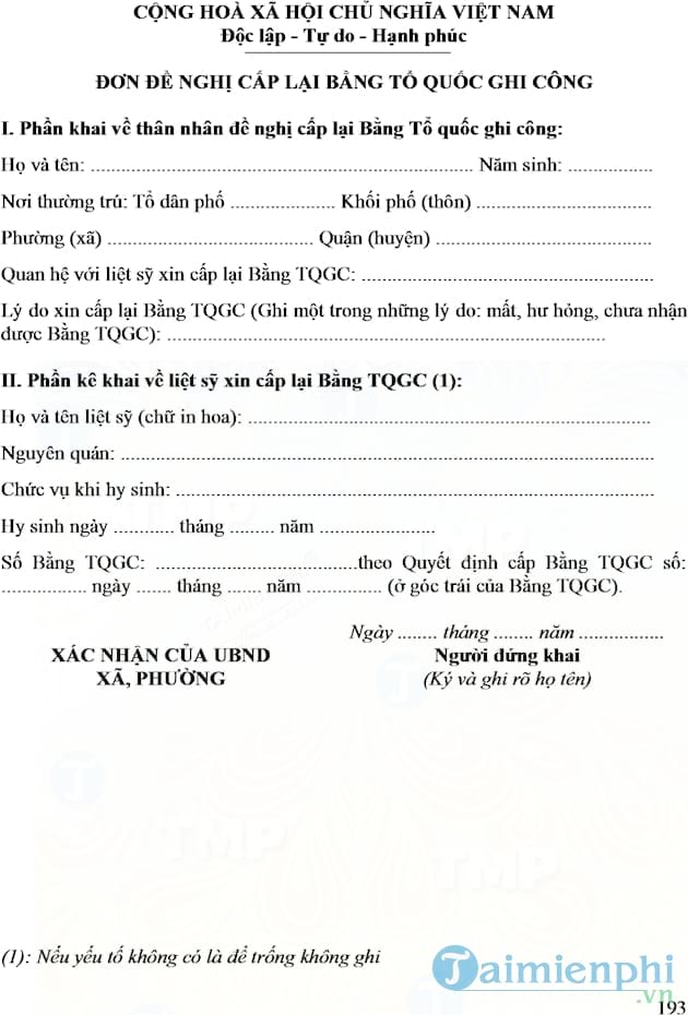 Đơn xin cấp lại Bằng Tổ quốc ghi công