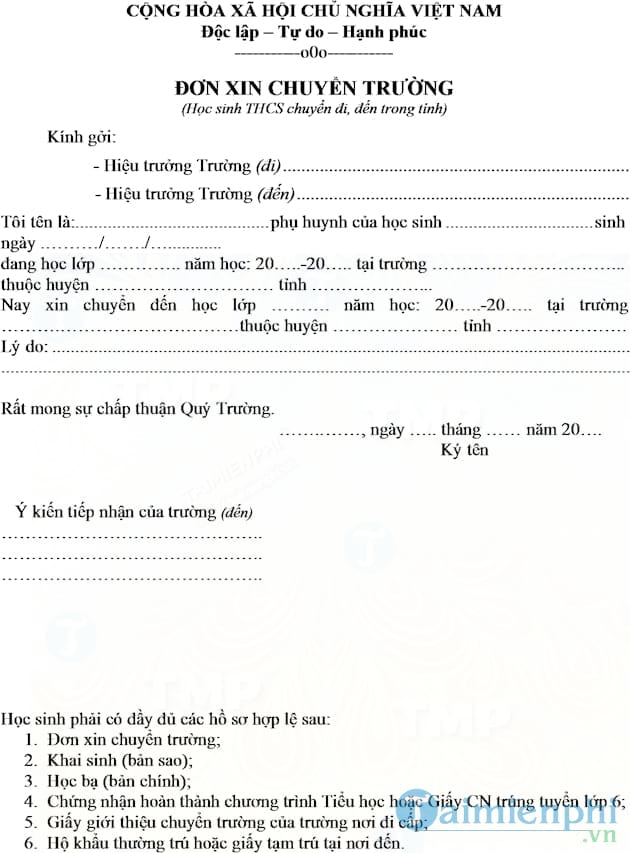 Đơn xin chuyển trường của học sinh THCS