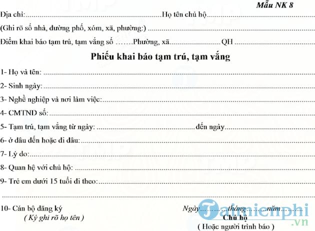 Phiếu khai báo tạm trú, tạm vắng, khai nhân khẩu