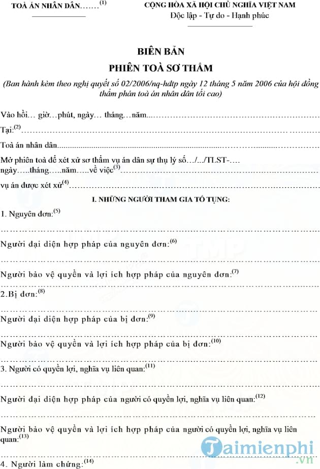 Mẫu biên bản phiên tòa sơ thẩm