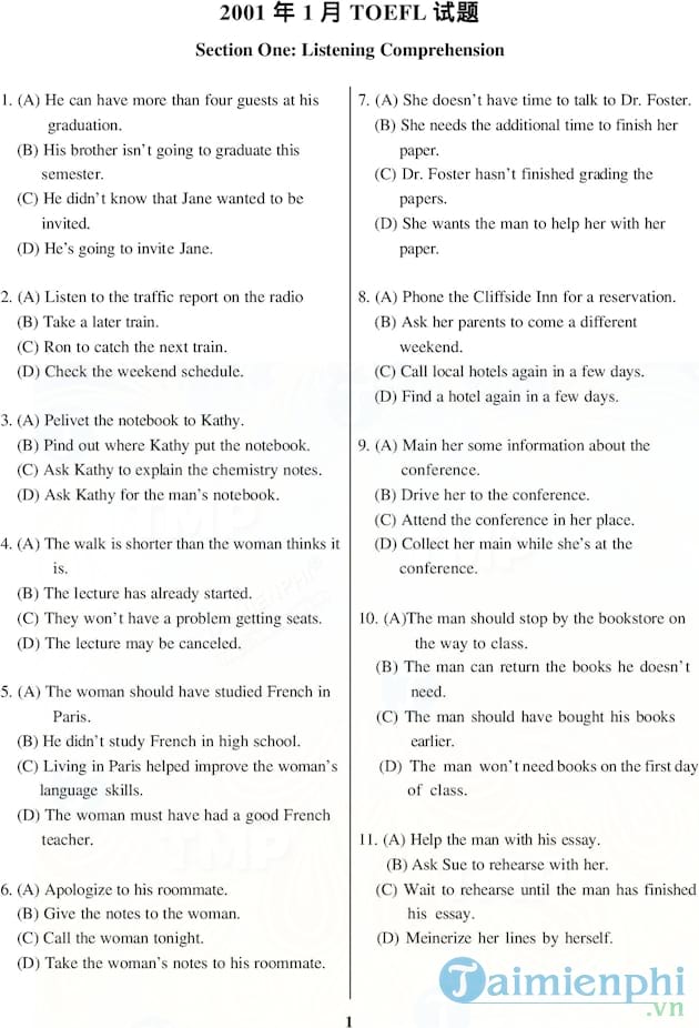 Đề thi TOEFL năm 2001