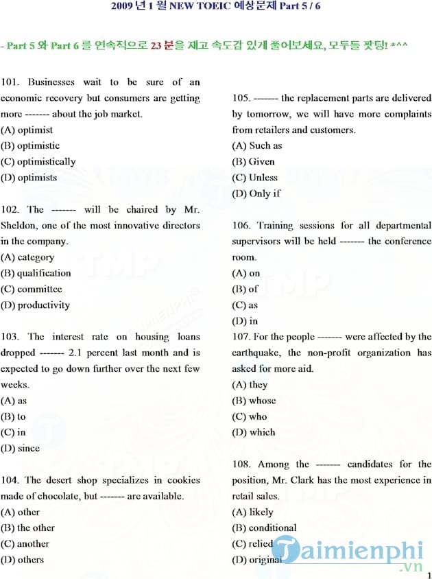 Đề thi Toeic tháng 01 năm 2009