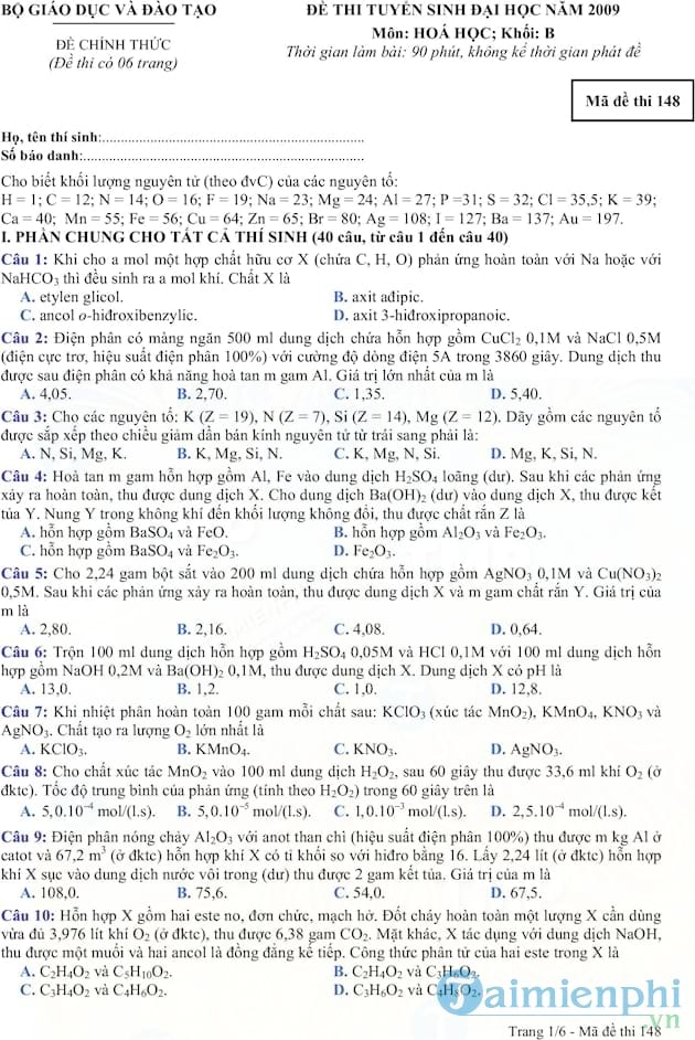 Đề thi và đáp án môn Hóa khối B 2009