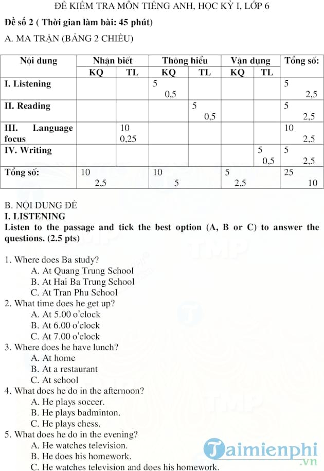 Đề kiểm tra học kì I lớp 6 môn tiếng Anh số 2