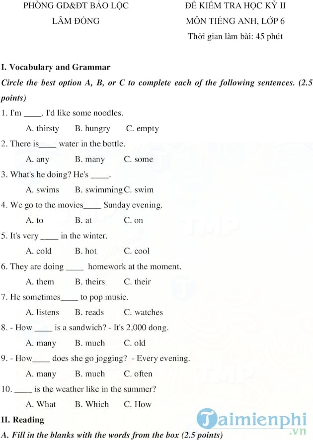 Đề kiểm tra học kì II lớp 6 môn Tiếng Anh phòng GD&ĐT Bảo Lộc Lâm Đồng