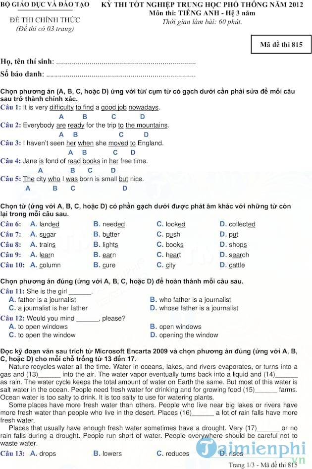 Đề thi tốt nghiệp THPT tiếng Anh năm 2012 hệ 3 năm