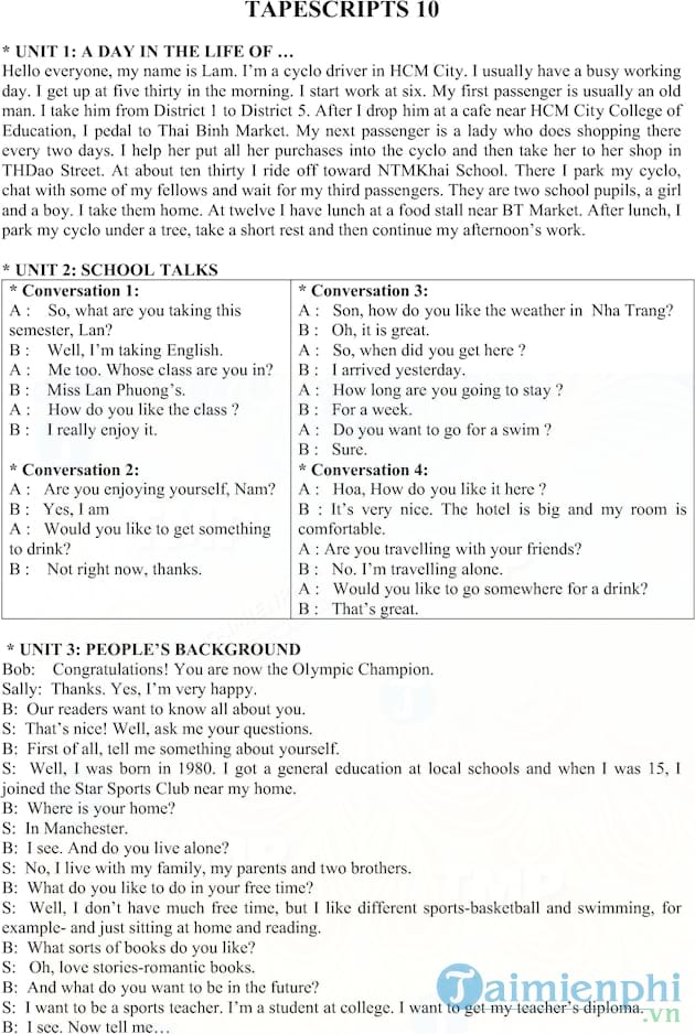 Hệ thống bài nghe môn tiếng Anh 10