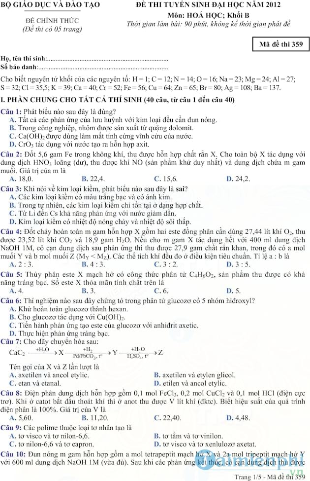 Đề thi và đáp án môn Hóa khối B