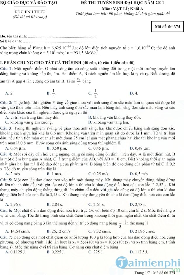 Đề thi và đáp án ĐH môn lý khối A