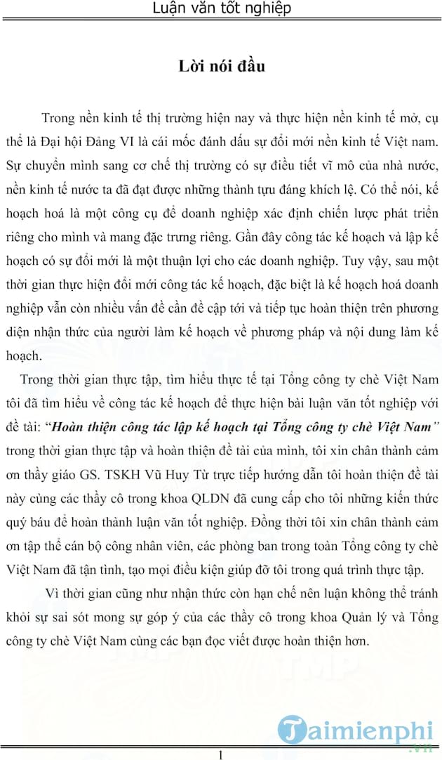 Hoàn thiện công tác lập kế hoạch tại Công ty chè Việt Nam