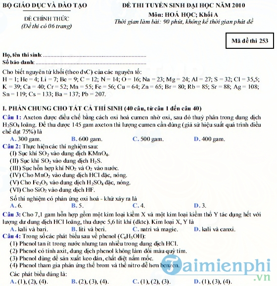 Đáp án đề thi đại học môn Hóa khối A năm 2010