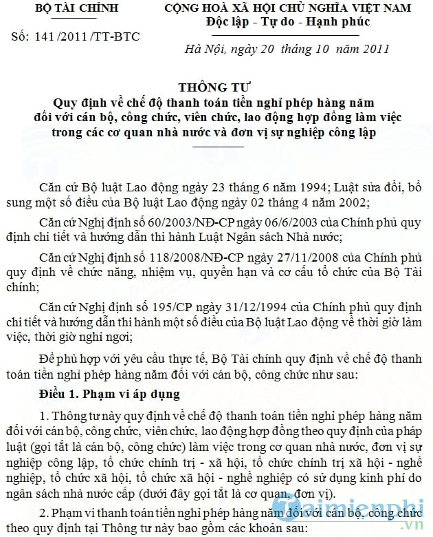 Thông tư quy định về chế độ thanh toán tiền nghỉ phép hàng năm đối với cán bộ, công chức, viên chức