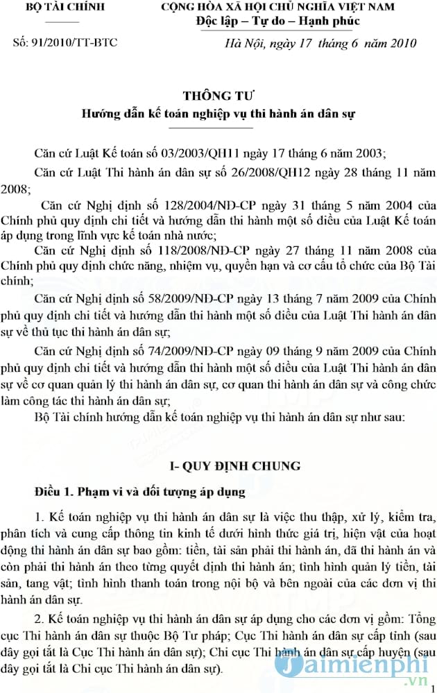 Thông tư số 91/2010/TT BTC