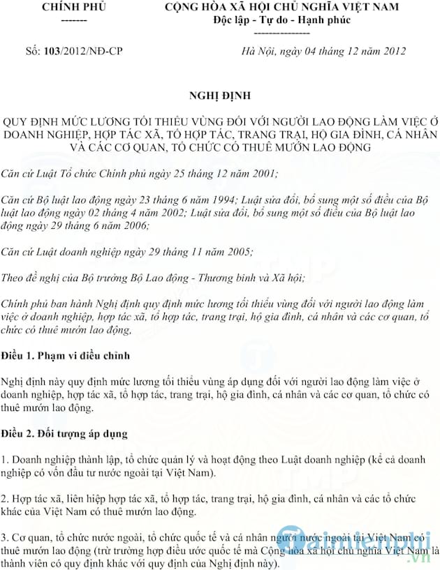 Nghị định 103/2012/NĐ CP