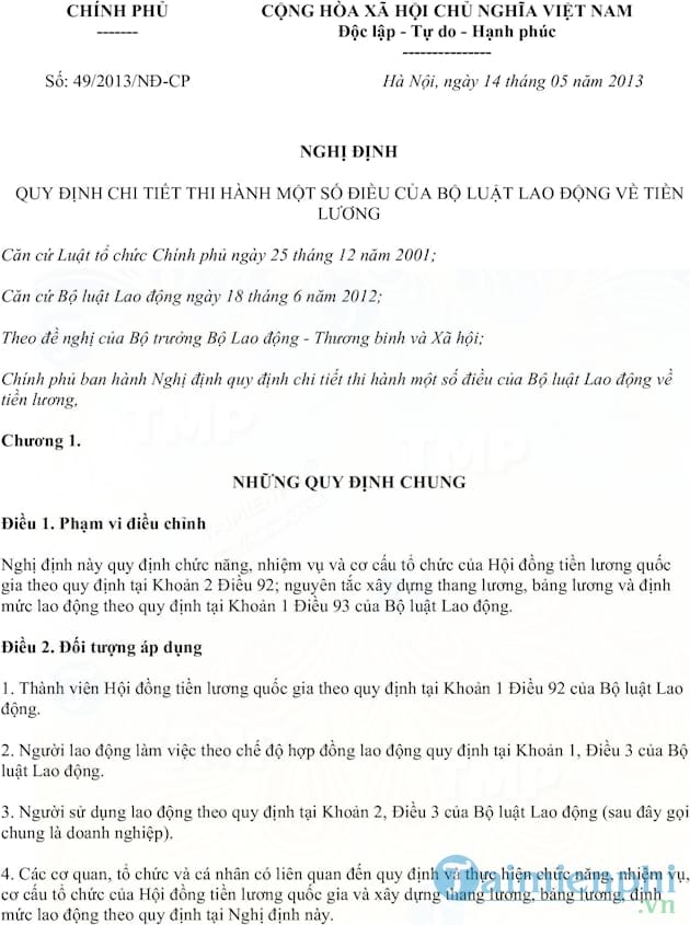 Nghị định của Bộ luật lao động về tiền lương số 49/2013/NĐ CP
