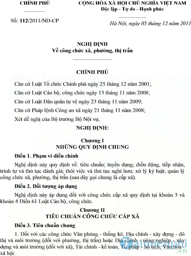 Nghị định số 112/2011/NĐ CP về công chức xã, phường, thị trấn