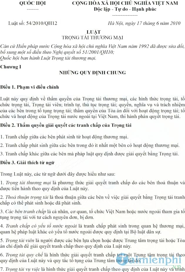 Luật Trọng tài thương mại số 54/2010/QH12