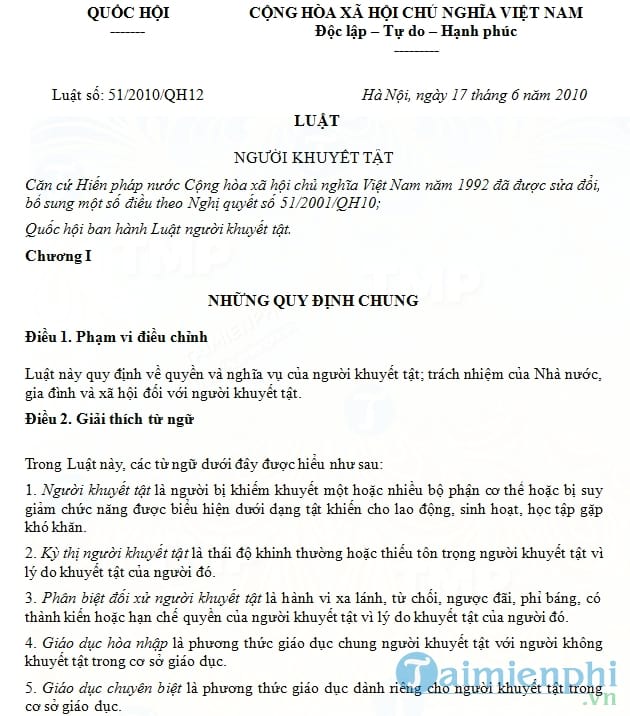 Luật người khuyết tật số 51/2010/QH12