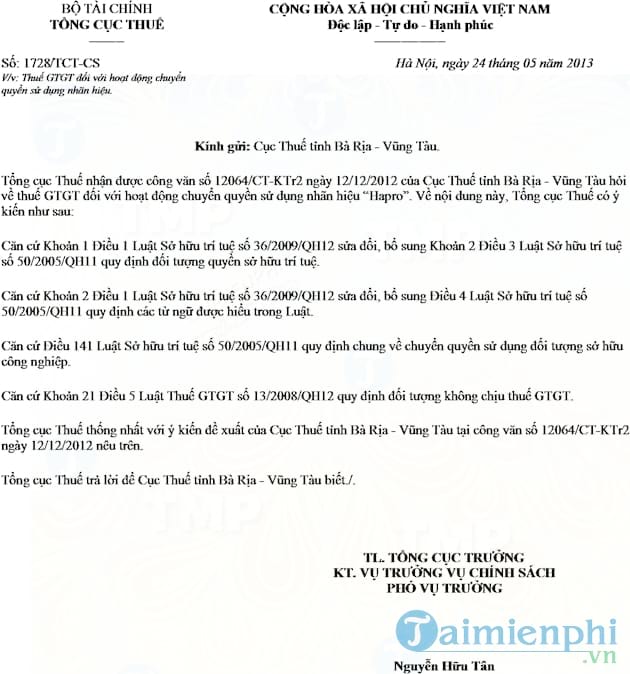 Công văn 1728/TCT CS