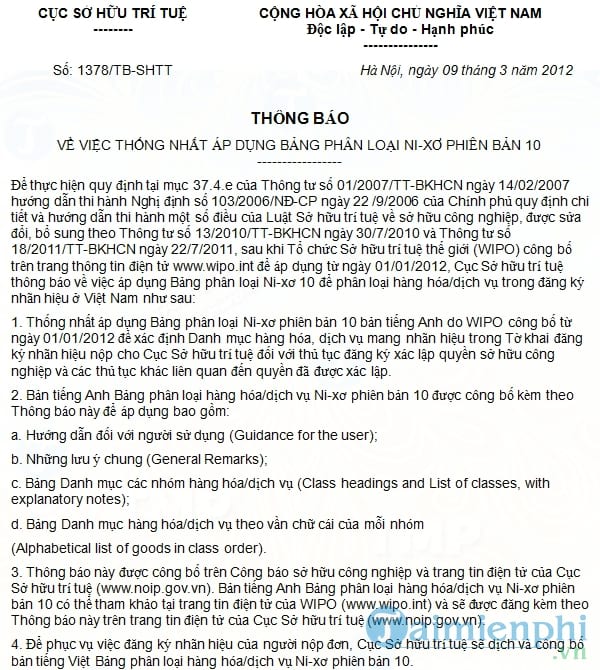 Thông báo 1378/TB SHTT