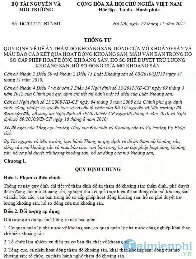Thông tư 16/2012/TT BTNMT