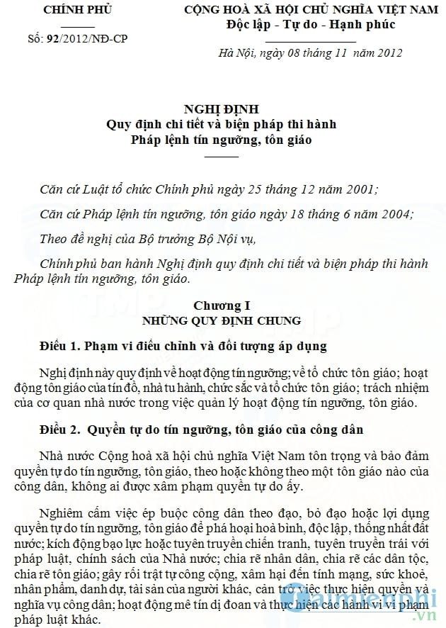 Nghị định số 92/2012/NĐ CP