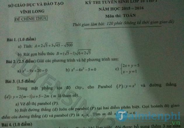 Đề thi vào lớp 10 môn Toán tỉnh Vĩnh Long 2015