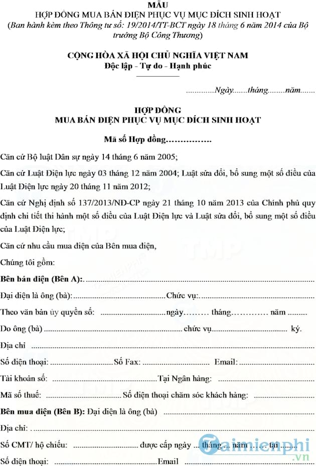 Hợp đồng mua bán điện phục vụ mục đích sinh hoạt