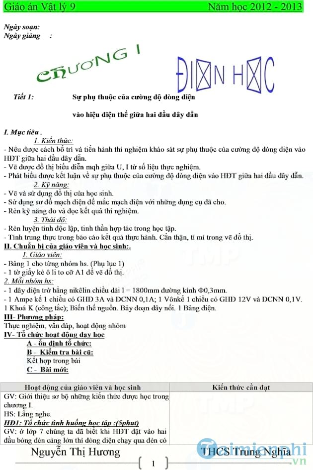 Giáo án Vật Lý lớp 9