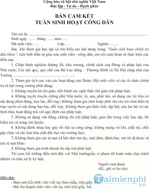 Bản cam kết tuần sinh hoạt công dân