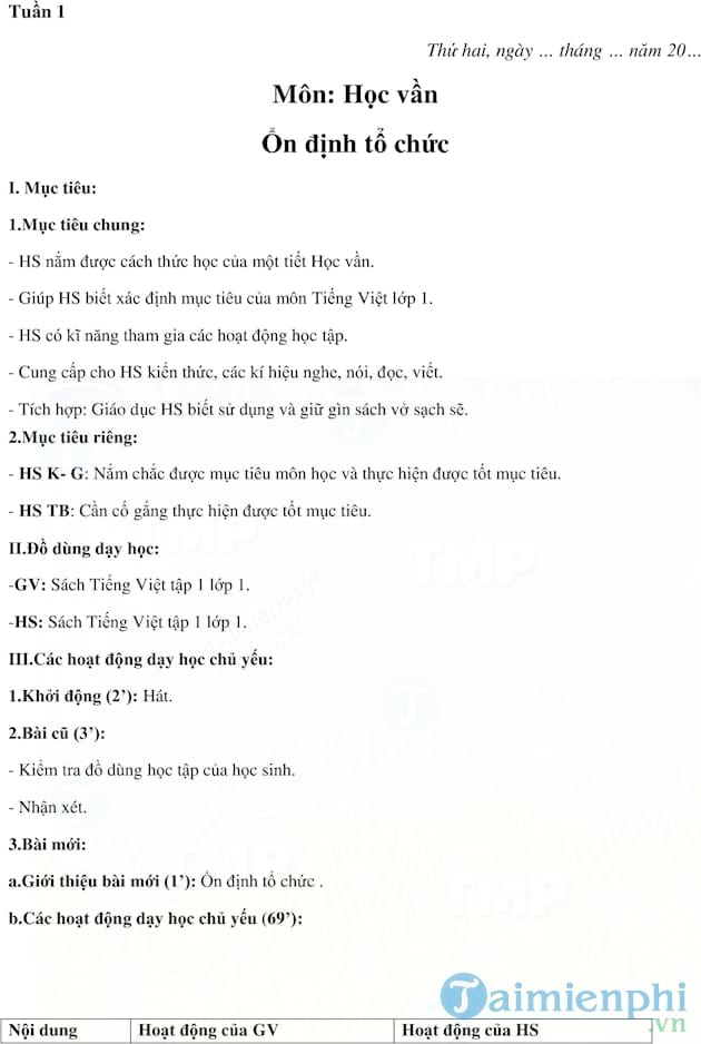 Giáo án lớp 1 tuần 1