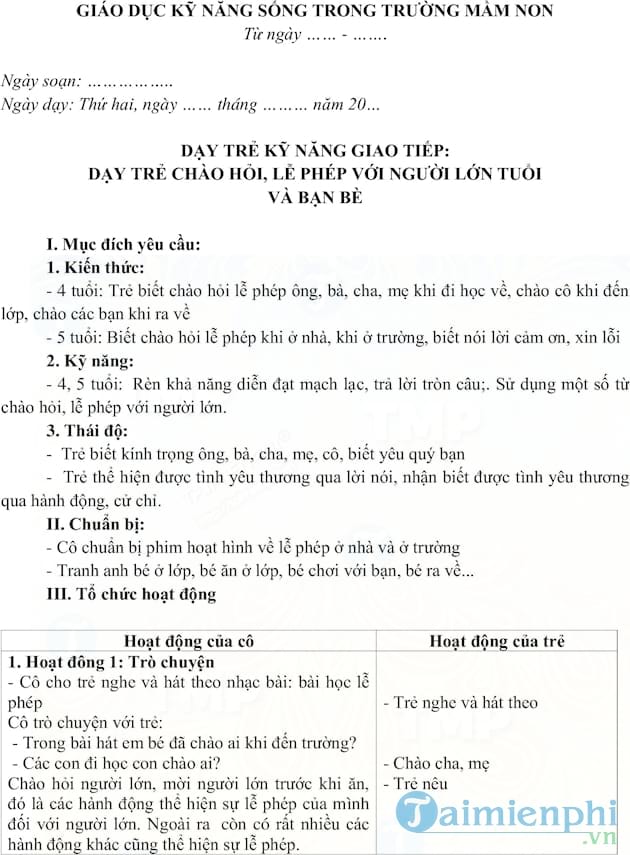 Giáo án dạy trẻ kỹ năng sống