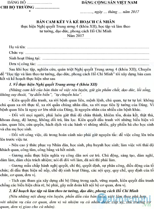 Bản cam kết và kế hoạch thực hiện Nghị quyết Trung ương 4 khóa XII