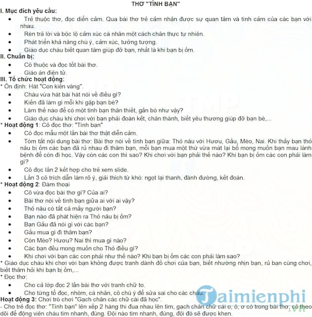 Giáo án mầm non chủ đề Thơ Tình bạn