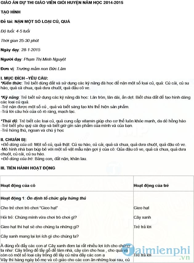 Giáo án tạo hình các loại củ, quả