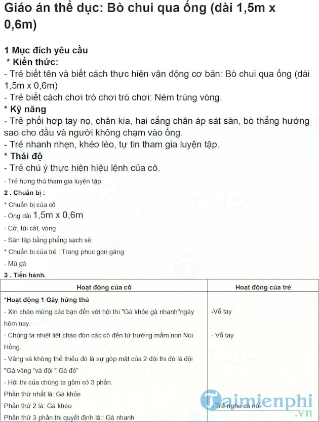 Giáo án thể dục bò chui qua ống